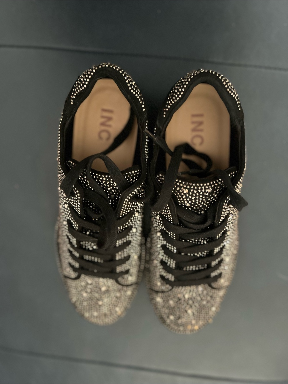 INC International Concepts Black Rhinestone Embellished Lace-Up Sneakers
